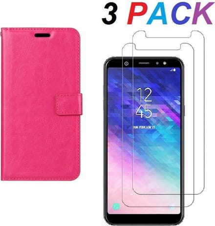 hoesje Geschikt voor: Samsung Galaxy J4 Plus 2018 Portemonnee roze met 2 stuks Glas Screen protector