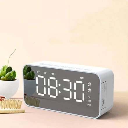 Bluetooth Speaker Radio Klok - Spiegel Geluid Wekker - Muziek Luisteren - Ingebouwde Microfoon - 12.2*5.8*3.5cm - Wit
