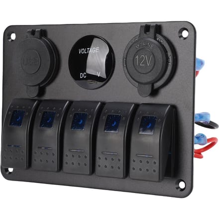 5-voudige tuimelschakelaar Aluminium paneel met blauwe achtergrond Dubbele USB-poorten Voltmeter Waterdicht Aan Uit tuimelschakelaar black