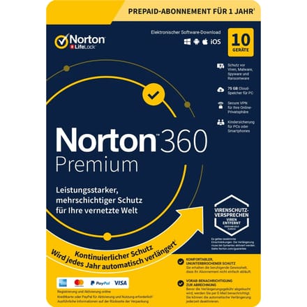 Norton 360 Premium - 10 apparaten 1 jaar - 75 GB Back-up - Download