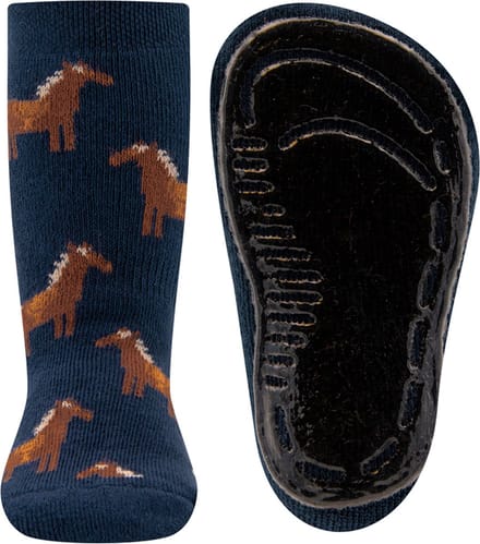 Ewers Antislipsok Donkerblauw met Bruine Paarden - Siliconenzool-19/20