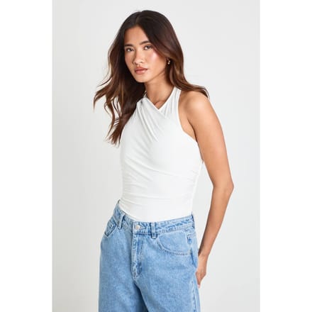 boohoo Dames Gerimpelde Bodysuit Met Éen Schouder En Mesh Paneel | Ivory | Maat: 8