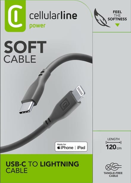 Cellularline - Soft kabel, USB-C naar Lightning 1,2m, zwart