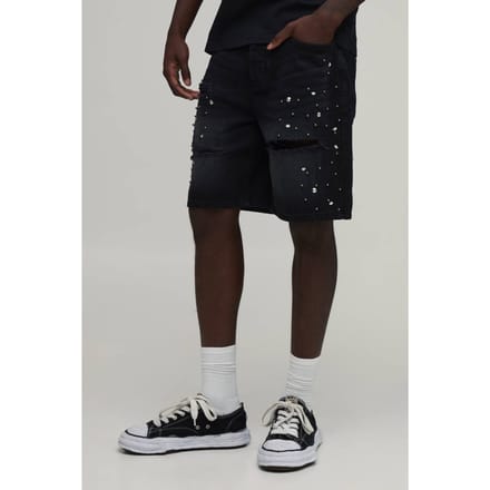 Relaxed Rhinestone Embellished Ripped Denim Shorts | Washed Black | Size 54
