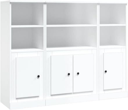 Set van 3 Hoge Dressoirs in Carved Hout - Witte Opbergkasten