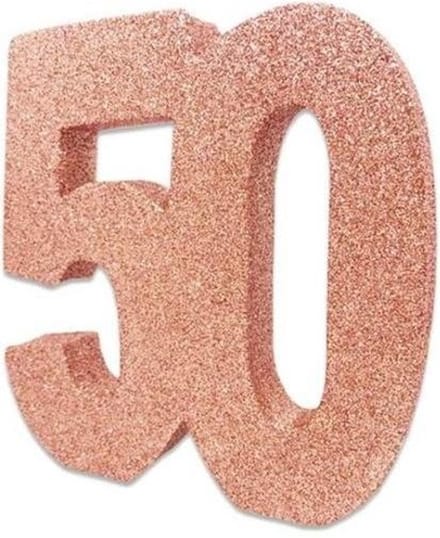 Tafeldecoratie verjaardag 50 rosegoud.