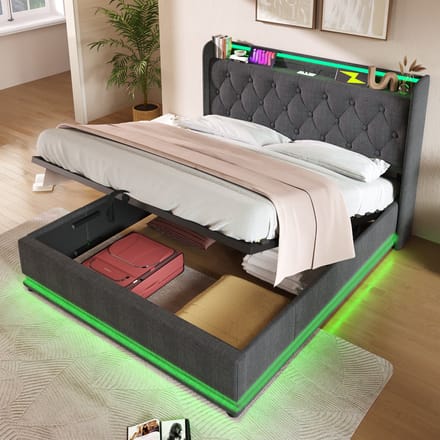 REDOM Bedframe 160x200 cm – Linnen grijs – Met 360° LED, USB-C & hydraulische opbergruimte – Luxe