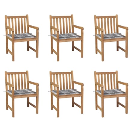 vidaXL - Tuinstoelen - 6 - st - met - grijs - geruite - kussens - massief - teakhout