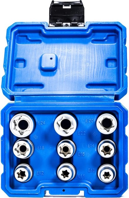 Torx doppenset 9 delig E Torx 1/2" aansluiting, set maten : E10, E11, E12, E14, E16, E18, E20, E22 en E24