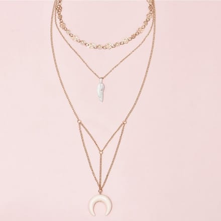 Fijne delicate ketting met halve maan en veer – 4-delig – Goudkleur