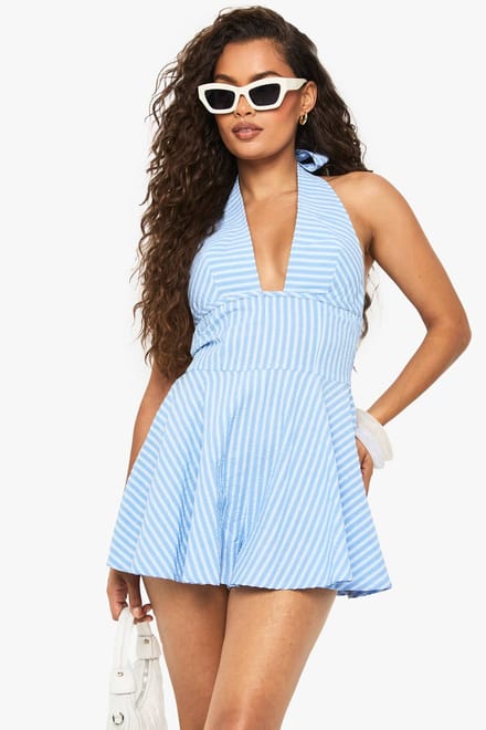 boohoo Dames Pinstripe Halter Skater Playsuit | Blauw | Maat: 46