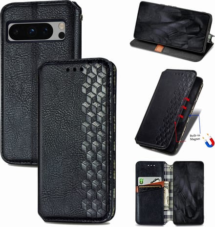 Luxe PU Lederen Ruitpatroon Wallet Case + Glas Screenprotector voor Pixel 8 Pro _ Zwart