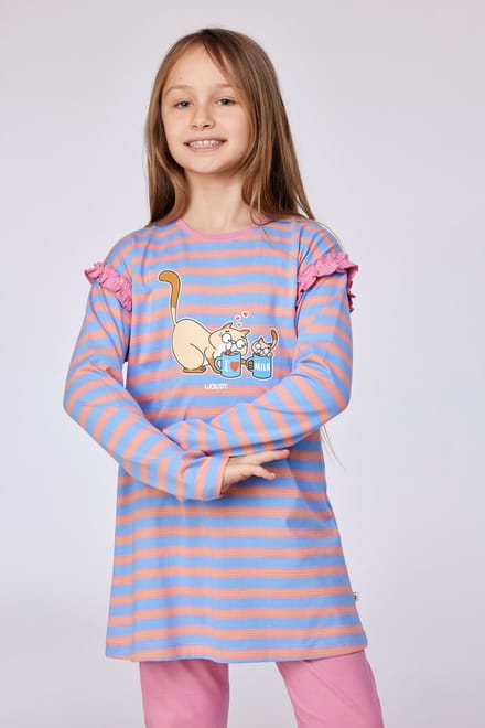 Woody pyjama dames - blauw/roze gestreept - kat - 252-10-BLB-S/911 - maat S