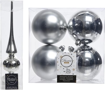 Decoris - Kerstversiering - zilver - piek en 4x kerstballen 10 cm