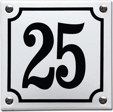 Emaille huisnummer wit/zwart nr. 25
