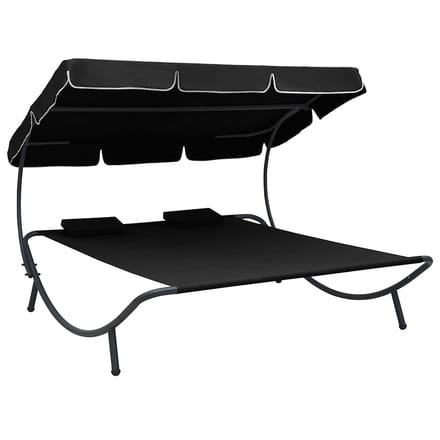 vidaXL - Loungebed - met - luifel - en - kussens - zwart