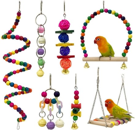 Vogel Speelgoed Set - Kooi Accessoires - Vogel Vermaak - Natuurlijk Hout - 7 Delig - Kleurrijk