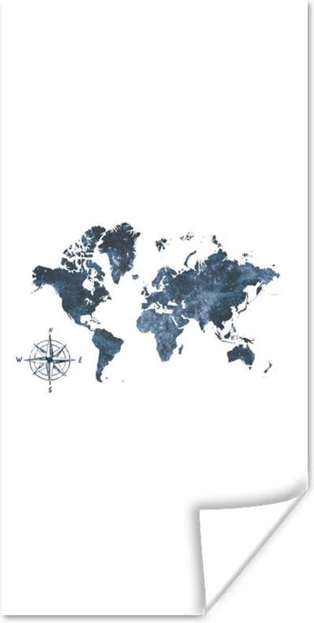 Wereldkaarten - Wereldkaart - blauw - Kompas - 80x160 cm