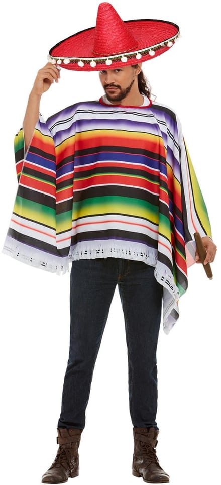 Carnaval verkleed set Mexicaan - gekleurde one size poncho - Sombrero hoed rood dia 60 cm