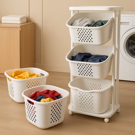 Rollende Waskar – Wasmand met 3 Vakken – 360° Wielen – Geventileerd – Ruimtebesparend – 3 x 25L – Wit