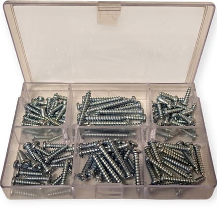 Deltafix. Assortiment plaat schroeven. Verzinkt. Cilinderkop6 maten. 120 stuks.