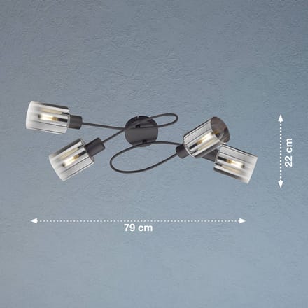 Fischer & Honsel - Plafondlamp Iska - 4x E14 (excl.) - 79 x 37 x 22 cm - Zwart Metaal met Rookglas