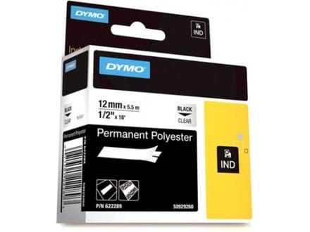 DYMO 622289 IND Rhino tape permanent polyester zwart op transparant 12mm (origineel)