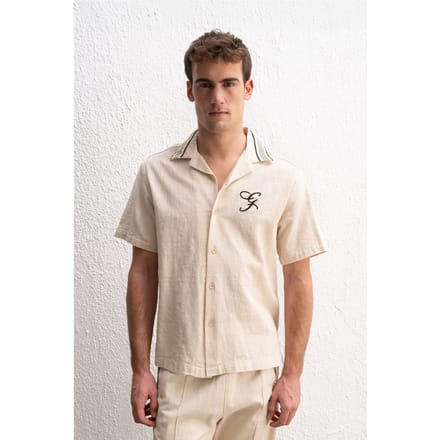Heren Korte Mouw Linnenmix Shirt