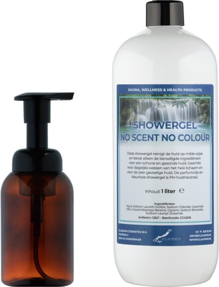 Zeepdispenser 300 ml amber bruin hervulbaar + 1 liter Showergel No Scent No Colour navulling
