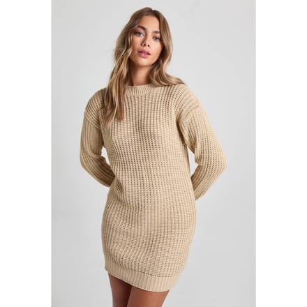 boohoo Dames Crew Neck Mini Jumper Jurk | Stone | Maat: Medium