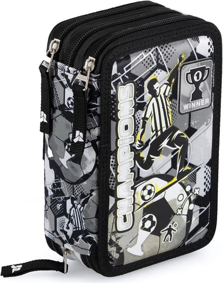 Drievoudig gevuld etui voor school, 44 schoolaccessoires, 20 cm, zwart-wit
