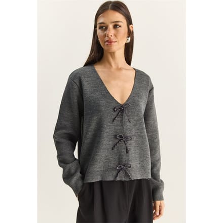 Geknoopte Gedetailleerde V-Hals Cardigan