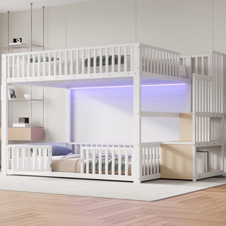 MODFU Stapelbed 140x200 cm – Lage constructie met opbergladder & LED – Wit – Metaal en MDF