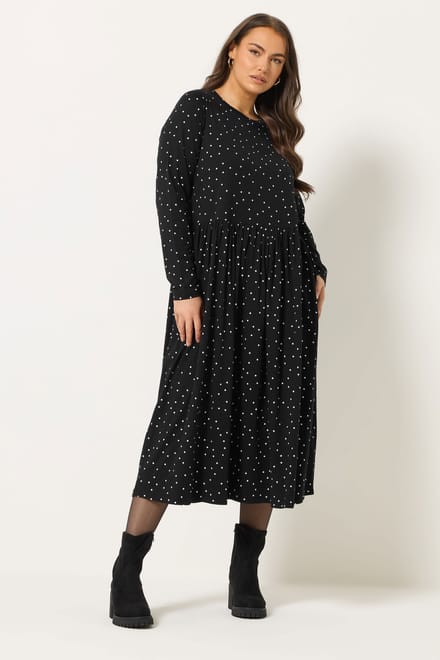 Yours Zwarte Polka Dot Peplum Maxijurk Size 66-68