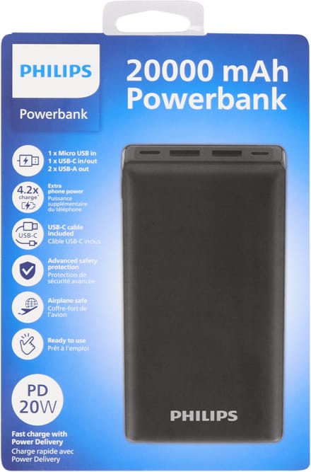 Philips Powerbank - 20000 mAh - 20 watt - 4 Poorten - Snellaadfunctie - Zwart