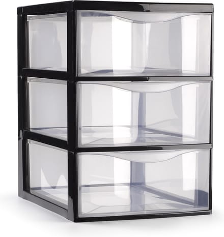 Plasticforte Ladeblokje/bureau organizer met 3x lades - transparant/zwart - L18 x B25 x H25 cm