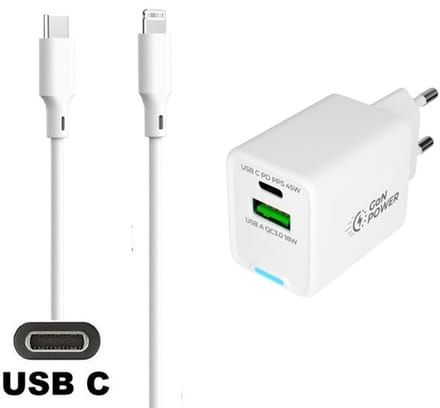 OneOne 45W super snellader met 2 poorten + 1,5m OneOne USB C naar Lightning kabel. PD lader. Oplader adapter past op Apple iPhone 11 Pro, iPhone 11 Pro Max, iPhone 12, iPhone 12 Mini, iPhone 12 Pro, iPhone 12 Pro Max, iPhone 13