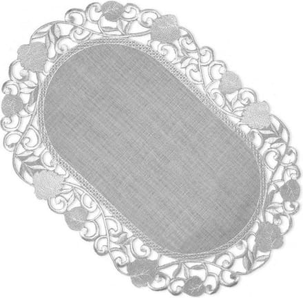 Tafelkleed - Linnenlook -  licht Grijs met blaadjes - Loper 35 cm