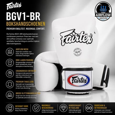 Fairtex BGV1-BR Bokshandschoenen 16 Oz – Premium Thais Leer – Air Mesh Ventilatie – Wit