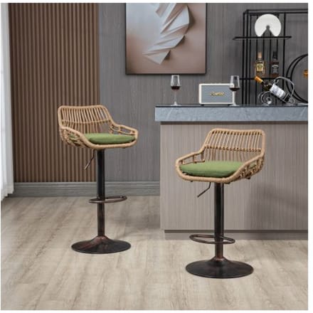 Tabouret de bar - MUVOE - Lot de 2 - Réglable en hauteur - Métal et rotin - Couleur verte vert
