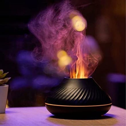Aromatherapie diffuser en luchtbevochtiger met vlamactivering en 7 vlamkleuren (zwart).