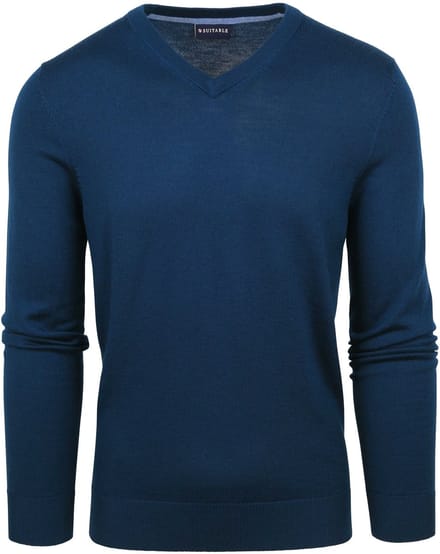 Suitable Merino Pullover V-Hals Indigo Blauw - Maat XL - Heren
