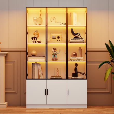 Vitrinekast - 120 x 32 x 200 cm - Hoge Kast met LED - 6 Deuren en Multifunctioneel - Glas - Wit