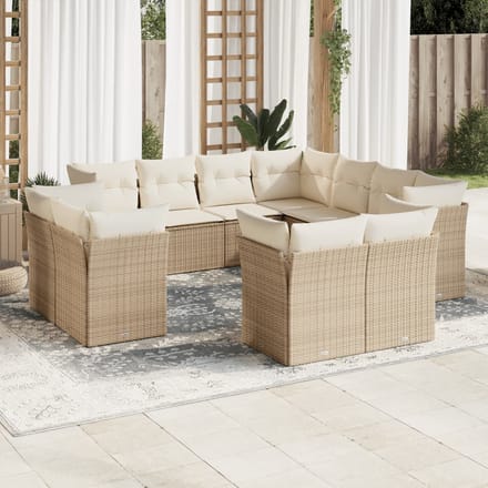 vidaXL - 11-delige - Tuinset - met - kussens - poly - rattan - beige