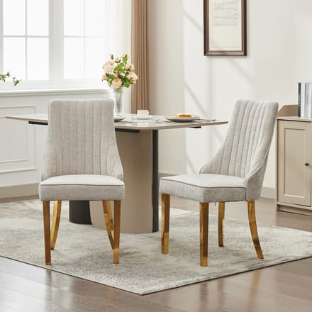 Clruro Rayon Stof Flocking Eetkamerstoelen - Set van 2 - Gouden Stalen Poten - Beige