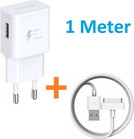 USB Stekker met 30 Pin Kabel 1 Meter - Oplaadsnoer - Oplader - USB Oplader - Adapter - Snellader - Adapter USB - Adapter geschikt voor: iPhone 4 4S iPad 1 2 3 4 iPod Touch 3 4