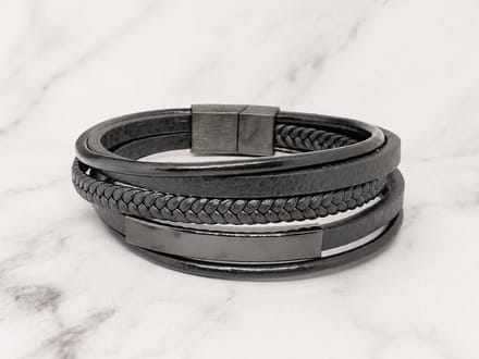 Mei's - Hide Leather Ropes - armband heren - leer/RVS zwart - polsmaat 18 cm