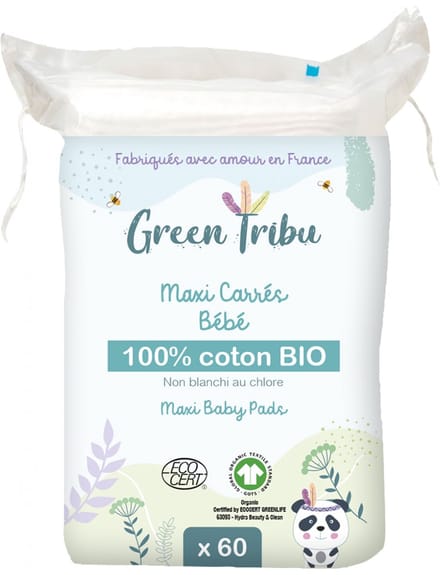 Green Tribu Maxi Carrés Bébé Coton Bio 60 wattenschijfjes