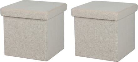 Urban Living Poef Teddy BOX - 2x - hocker - opbergbox - creme wit - polyester/mdf - 38 x 38 cm - opvouwbaar