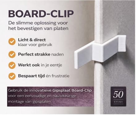BoardClips – Gipsplaat ophanghulp | Snel gipsplaten plaatsen | Set van 50 clips
